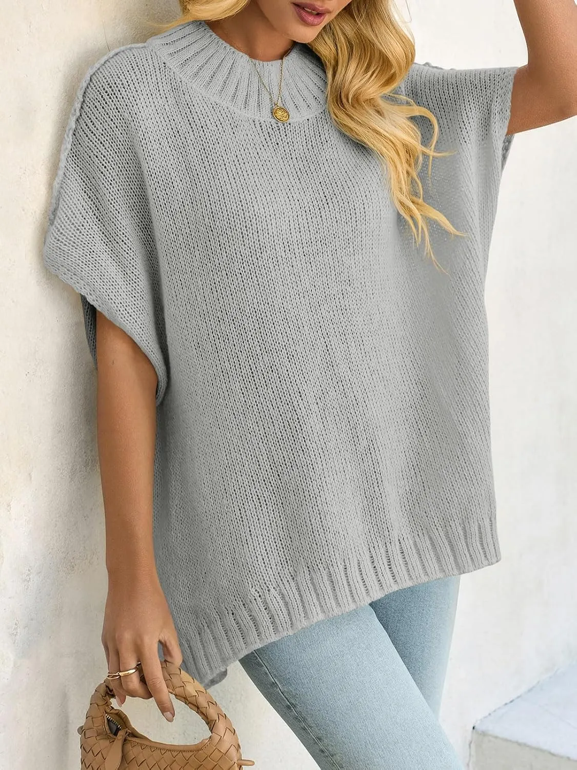 Saodimallsu Womens Oversized Sweater Tops Summer Lightweight Batwing Half Sleeve Casual Loose Knit Pullover Shirts