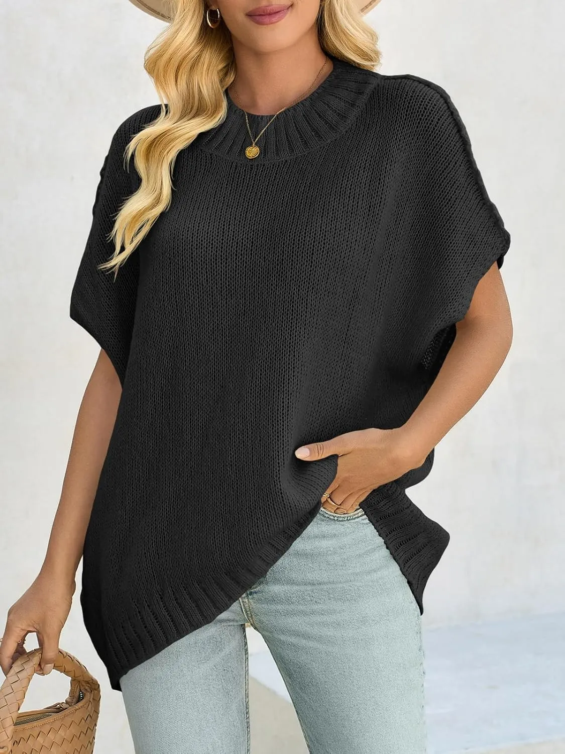 Saodimallsu Womens Oversized Sweater Tops Summer Lightweight Batwing Half Sleeve Casual Loose Knit Pullover Shirts