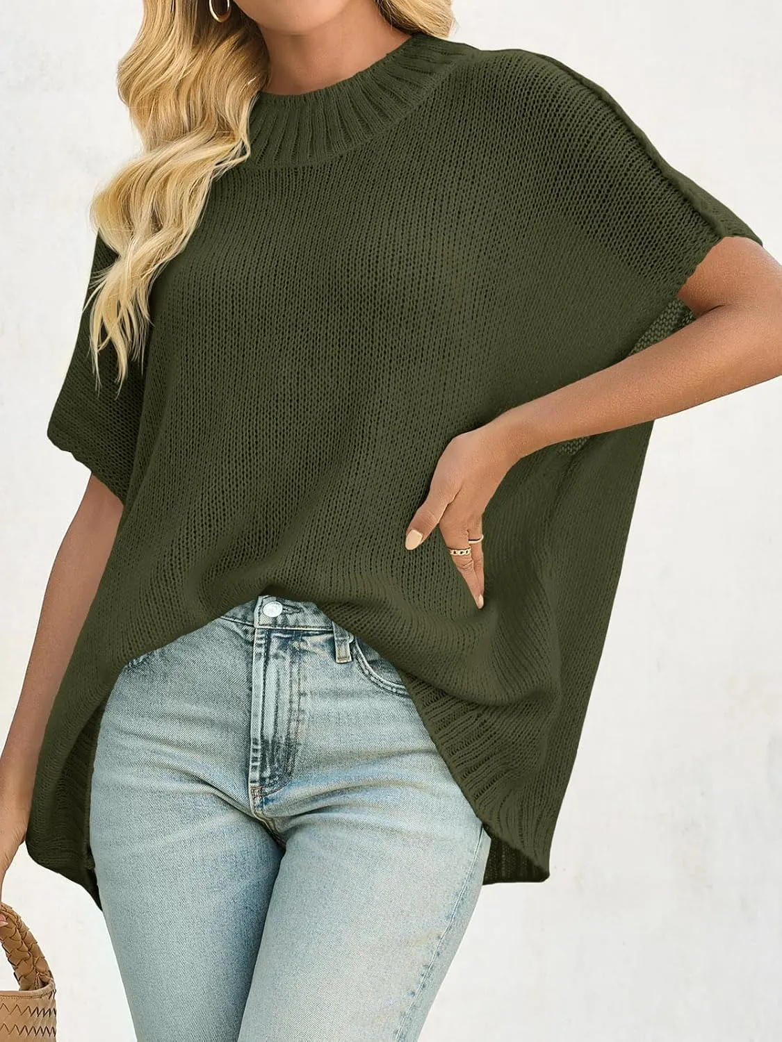 Saodimallsu Womens Oversized Sweater Tops Summer Lightweight Batwing Half Sleeve Casual Loose Knit Pullover Shirts