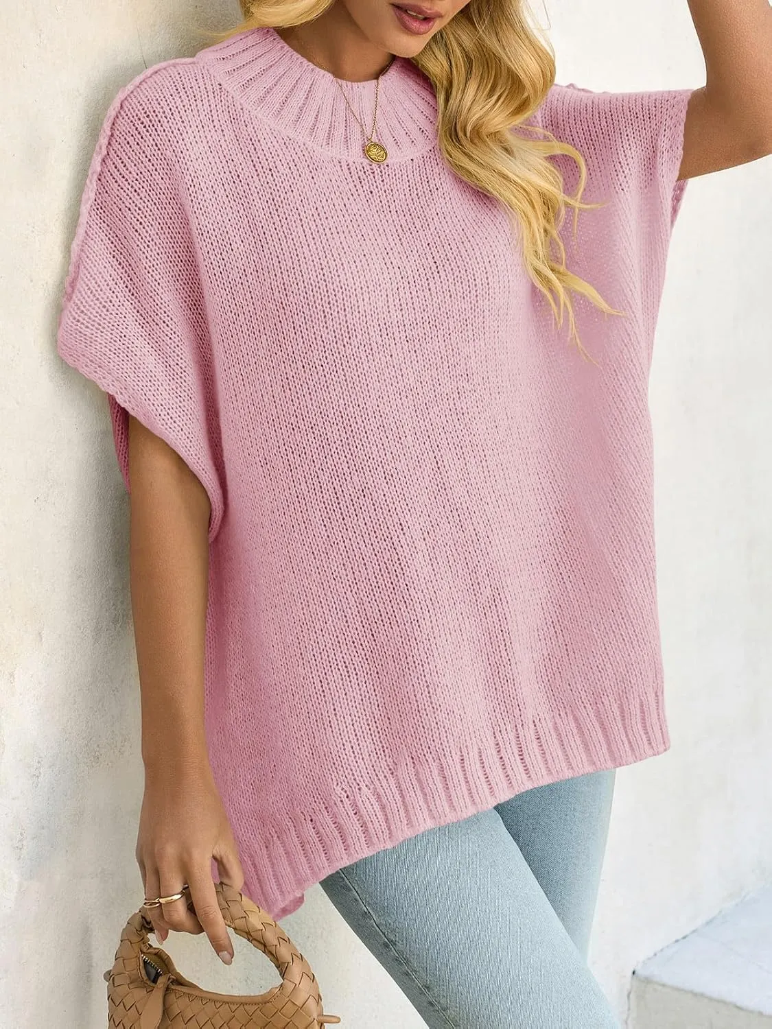 Saodimallsu Womens Oversized Sweater Tops Summer Lightweight Batwing Half Sleeve Casual Loose Knit Pullover Shirts