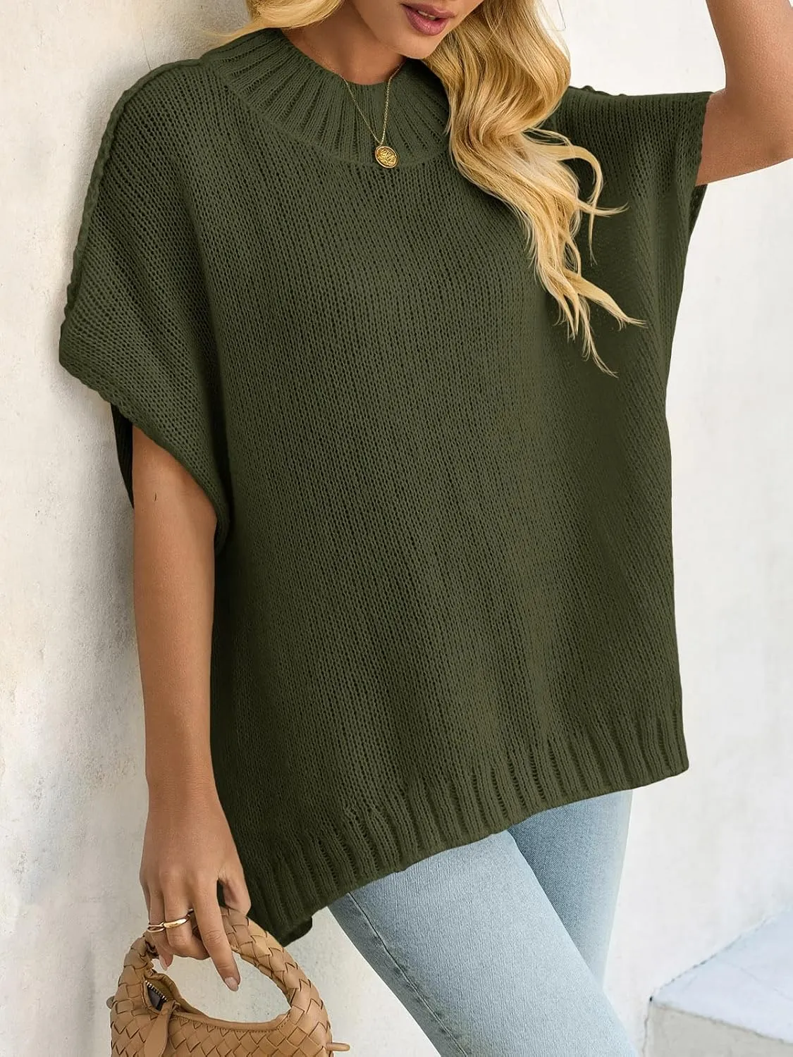Saodimallsu Womens Oversized Sweater Tops Summer Lightweight Batwing Half Sleeve Casual Loose Knit Pullover Shirts