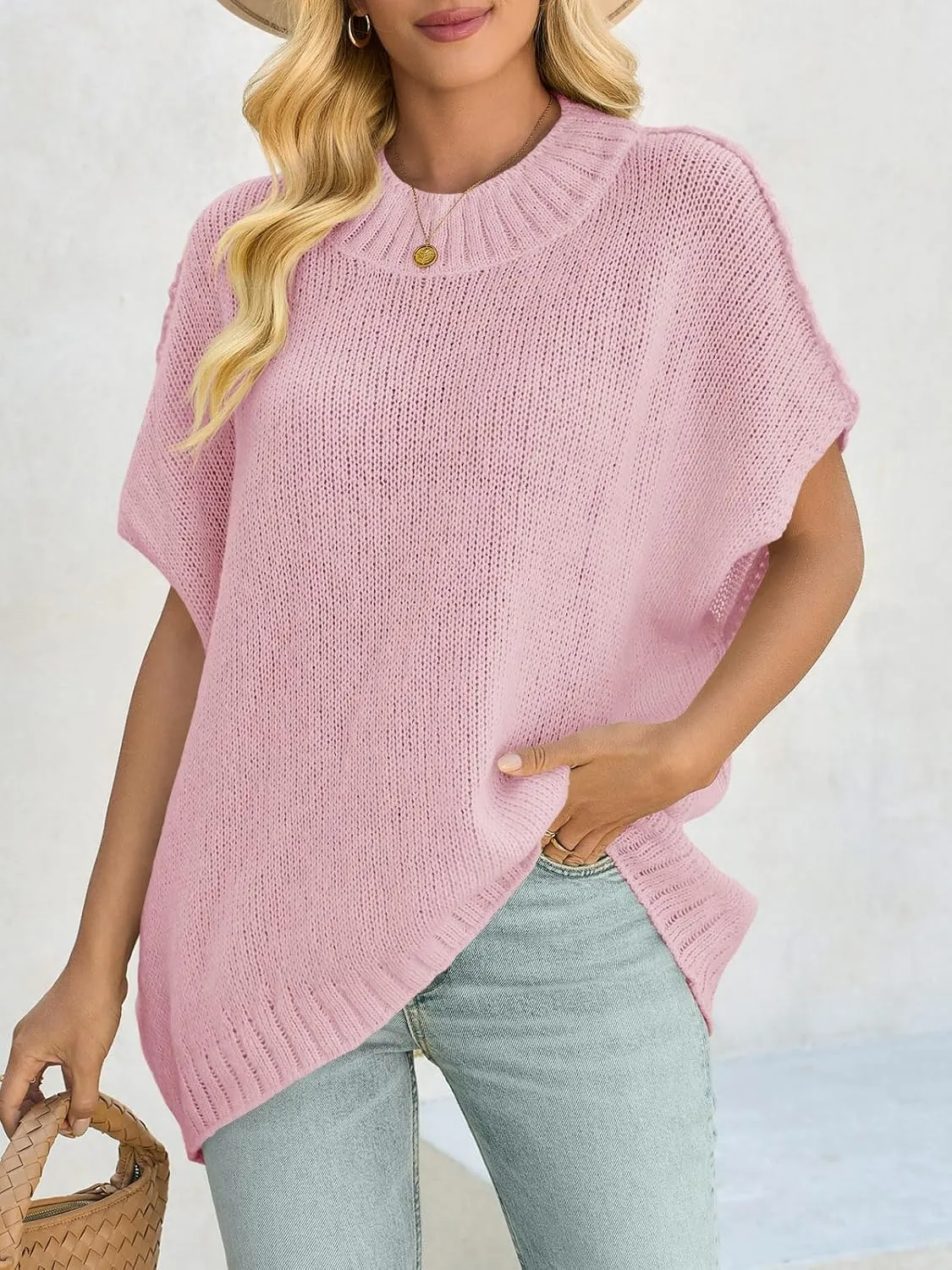 Saodimallsu Womens Oversized Sweater Tops Summer Lightweight Batwing Half Sleeve Casual Loose Knit Pullover Shirts