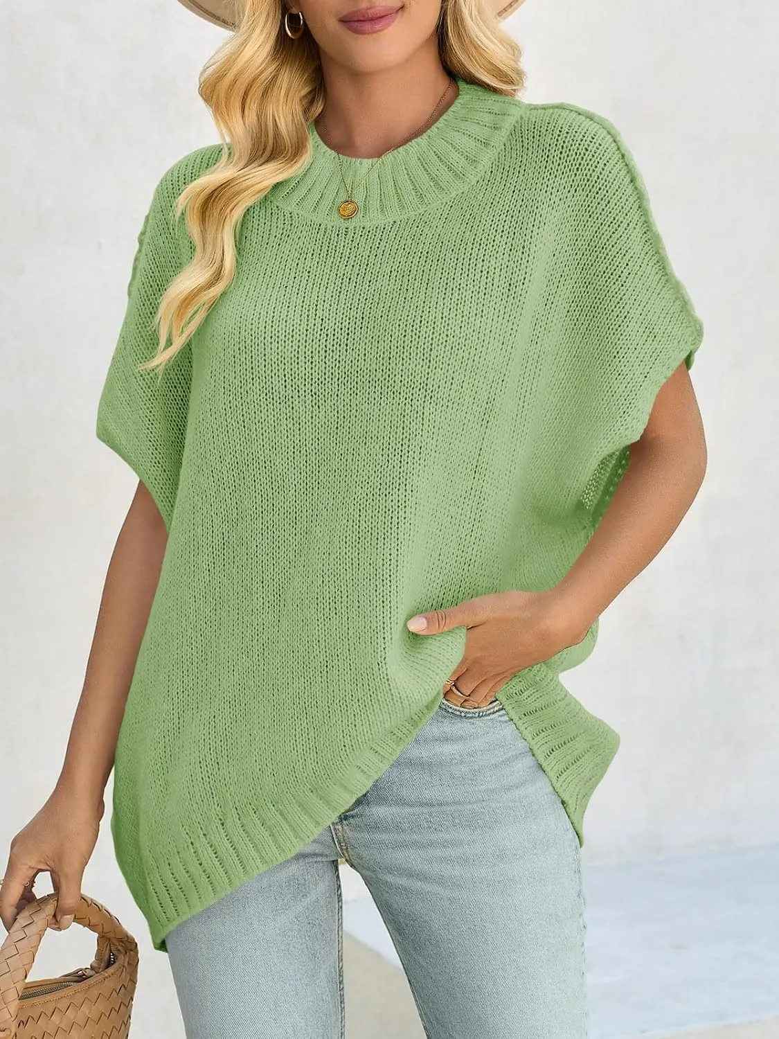 Saodimallsu Womens Oversized Sweater Tops Summer Lightweight Batwing Half Sleeve Casual Loose Knit Pullover Shirts