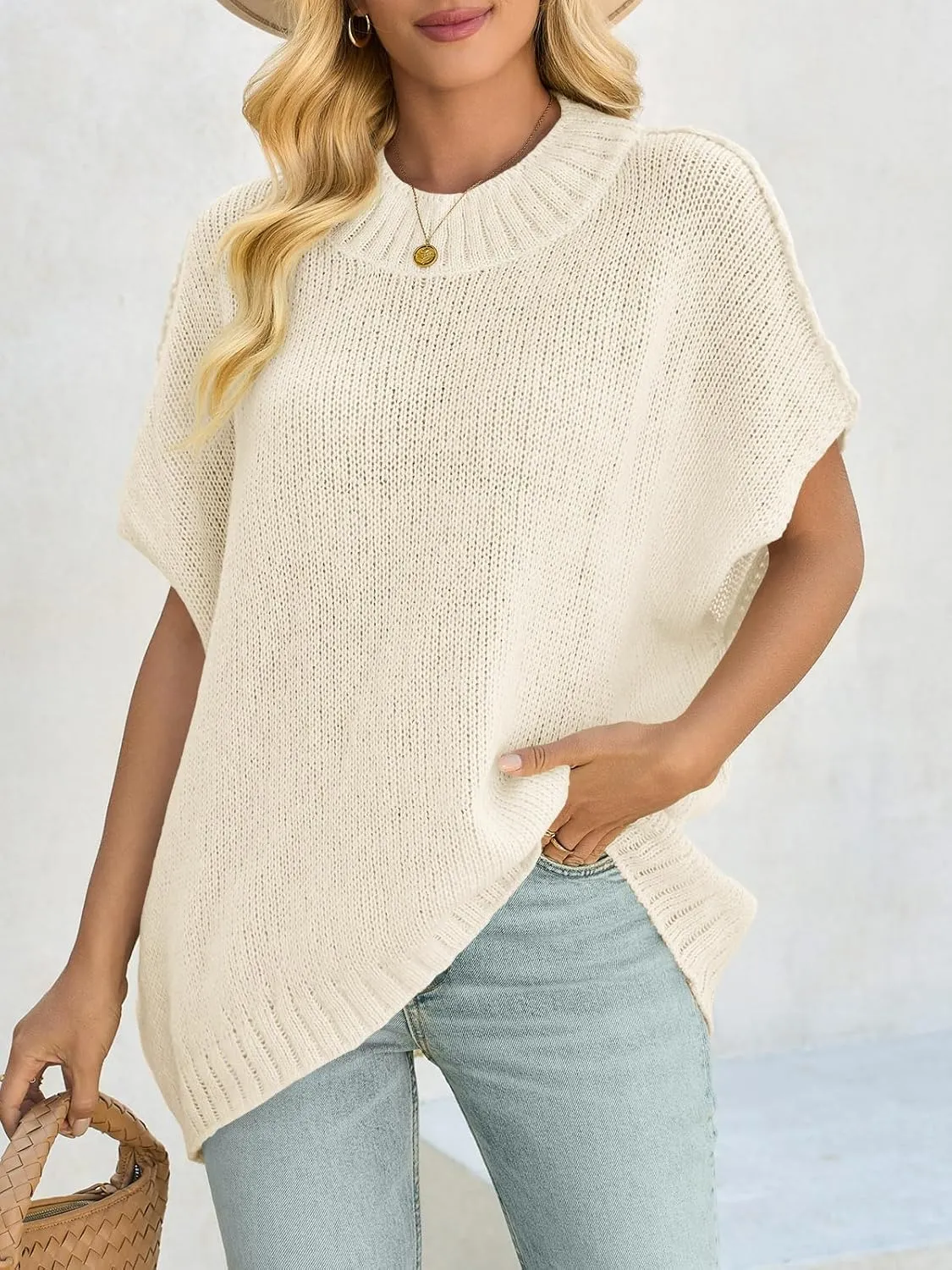 Saodimallsu Womens Oversized Sweater Tops Summer Lightweight Batwing Half Sleeve Casual Loose Knit Pullover Shirts