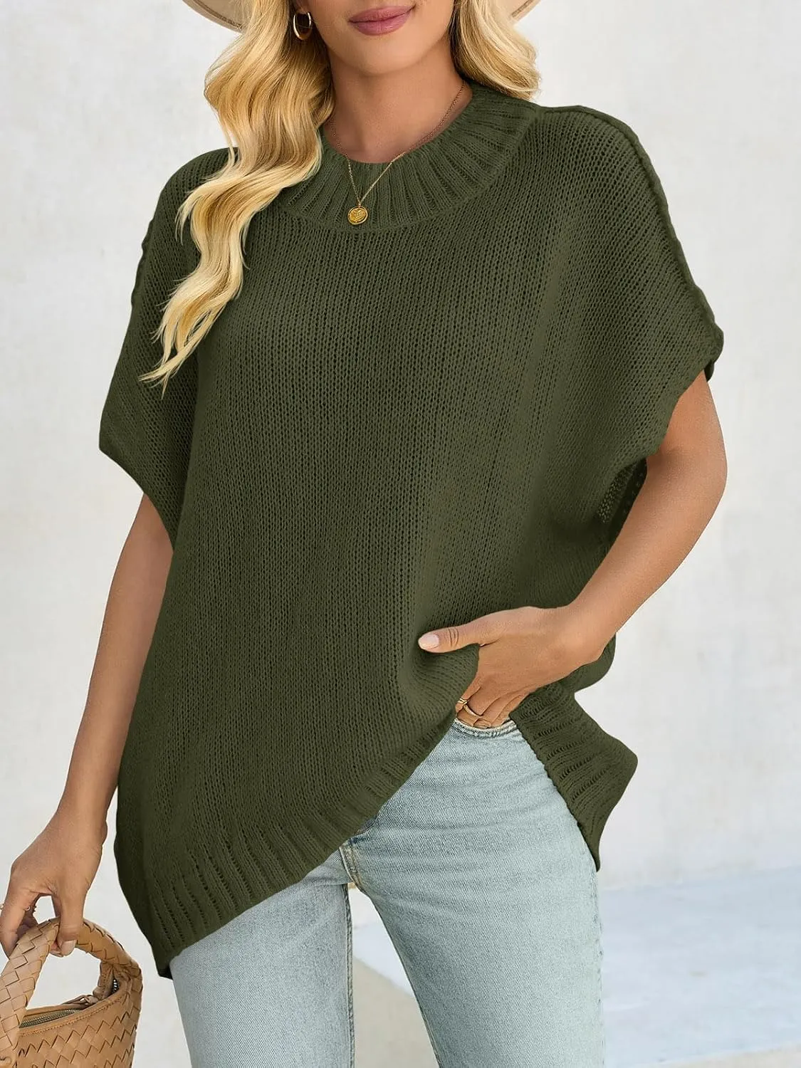 Saodimallsu Womens Oversized Sweater Tops Summer Lightweight Batwing Half Sleeve Casual Loose Knit Pullover Shirts