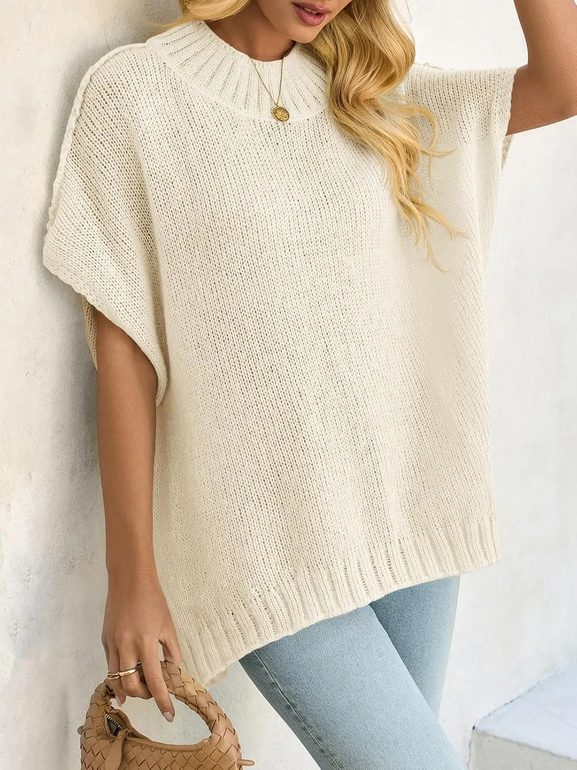 Saodimallsu Womens Oversized Sweater Tops Summer Lightweight Batwing Half Sleeve Casual Loose Knit Pullover Shirts