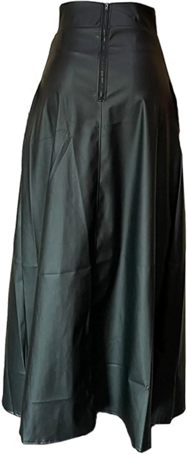 Sexyshine Women's High Waist Faux Leather Long Slit Skirt Vintage A Line High Split PU Leather Swing Flared Maxi Skirt