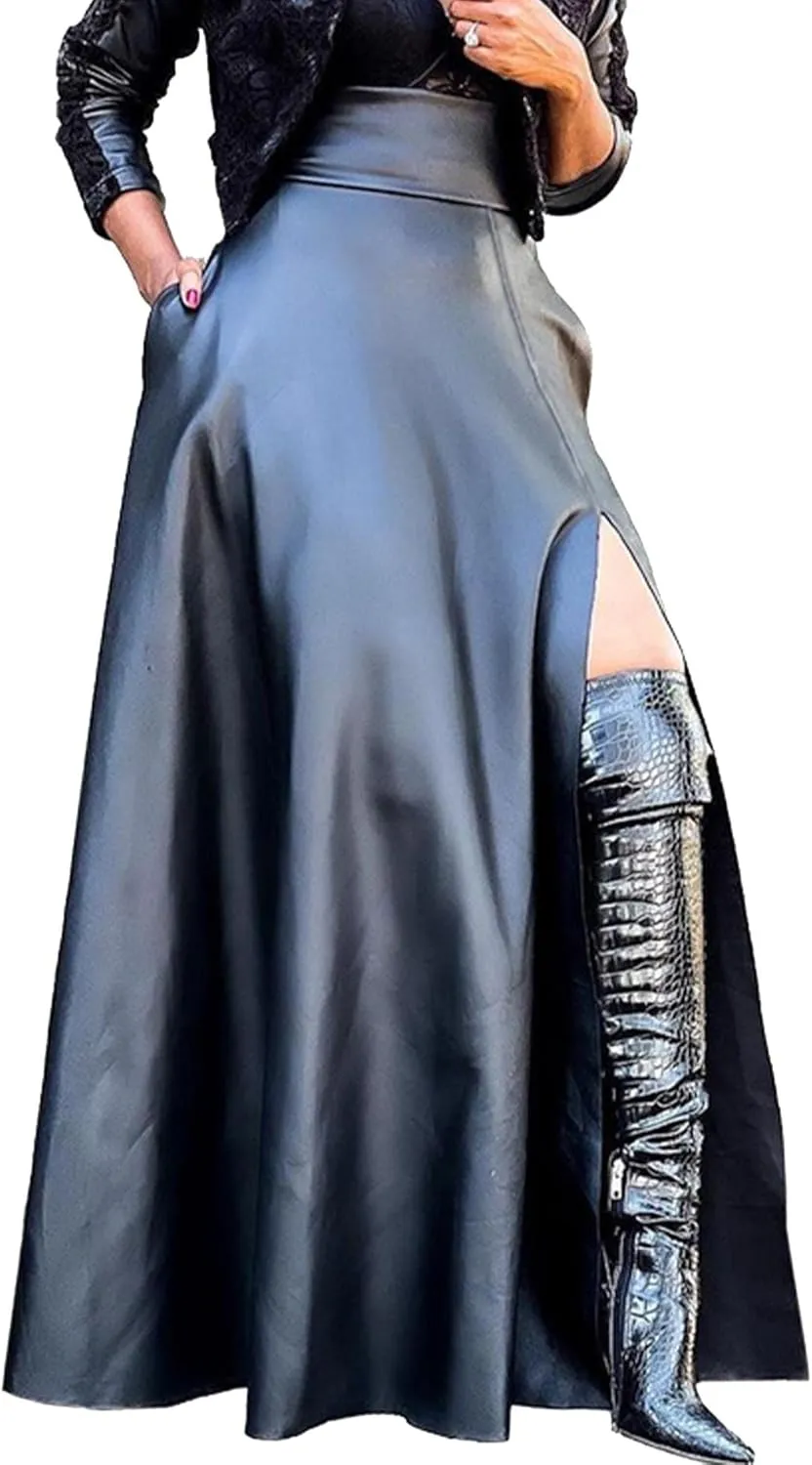 Sexyshine Women's High Waist Faux Leather Long Slit Skirt Vintage A Line High Split PU Leather Swing Flared Maxi Skirt