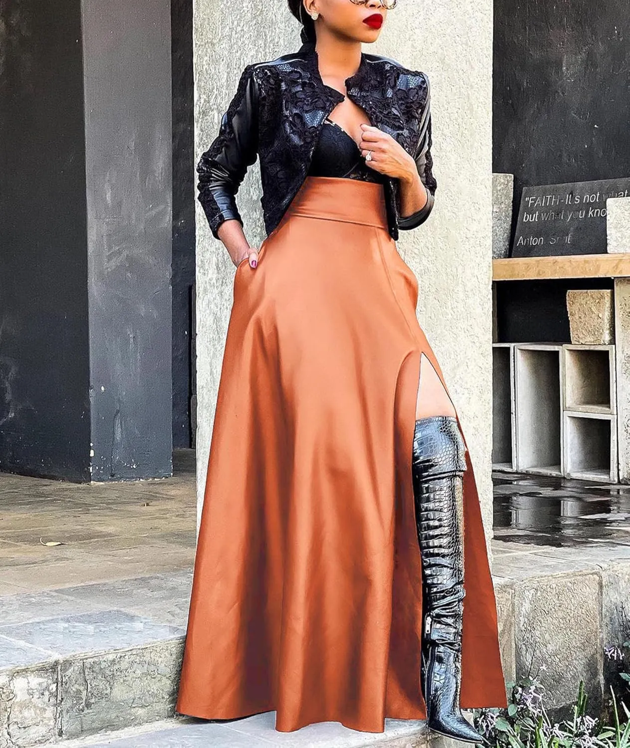 Sexyshine Women's High Waist Faux Leather Long Slit Skirt Vintage A Line High Split PU Leather Swing Flared Maxi Skirt