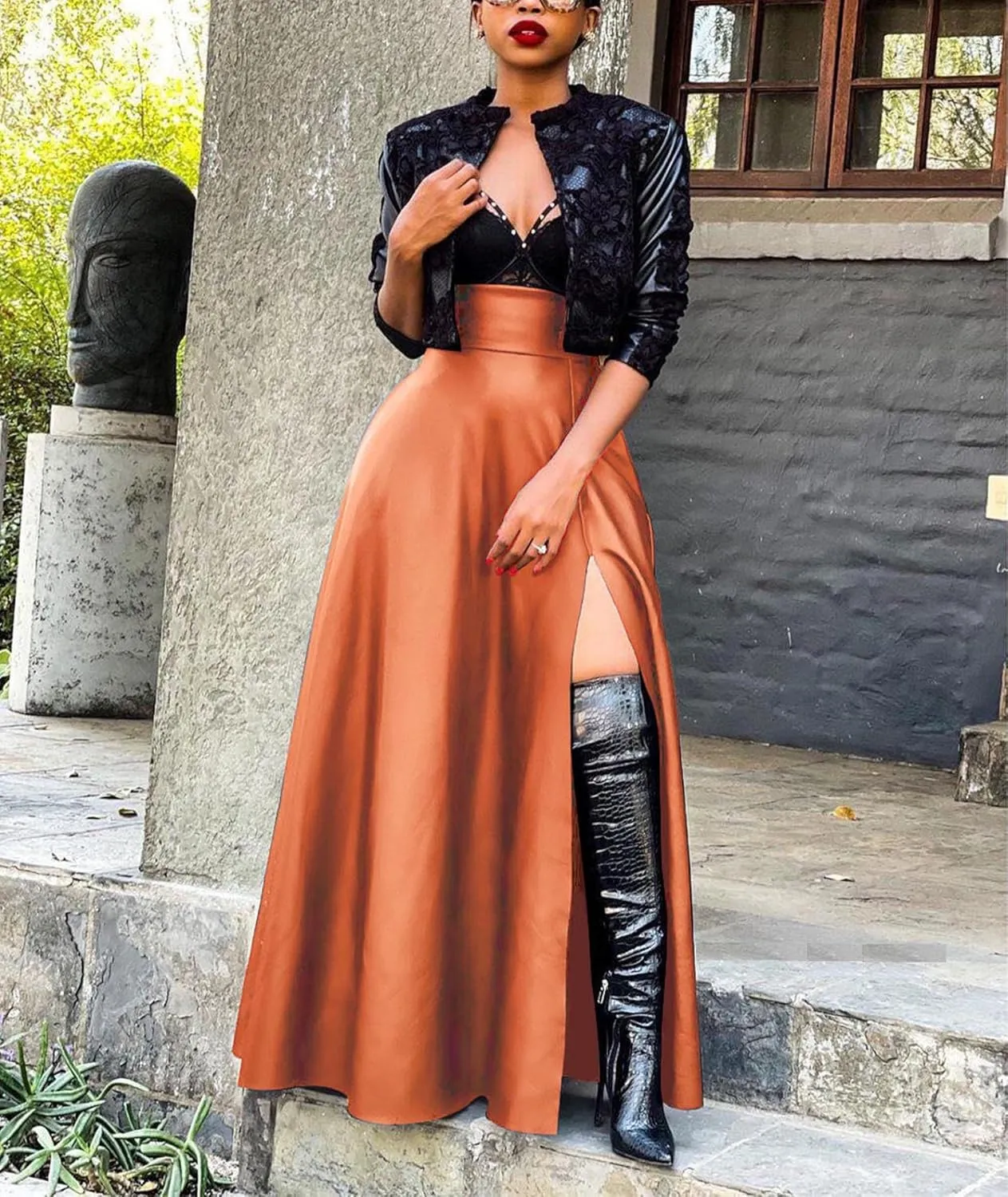 Sexyshine Women's High Waist Faux Leather Long Slit Skirt Vintage A Line High Split PU Leather Swing Flared Maxi Skirt