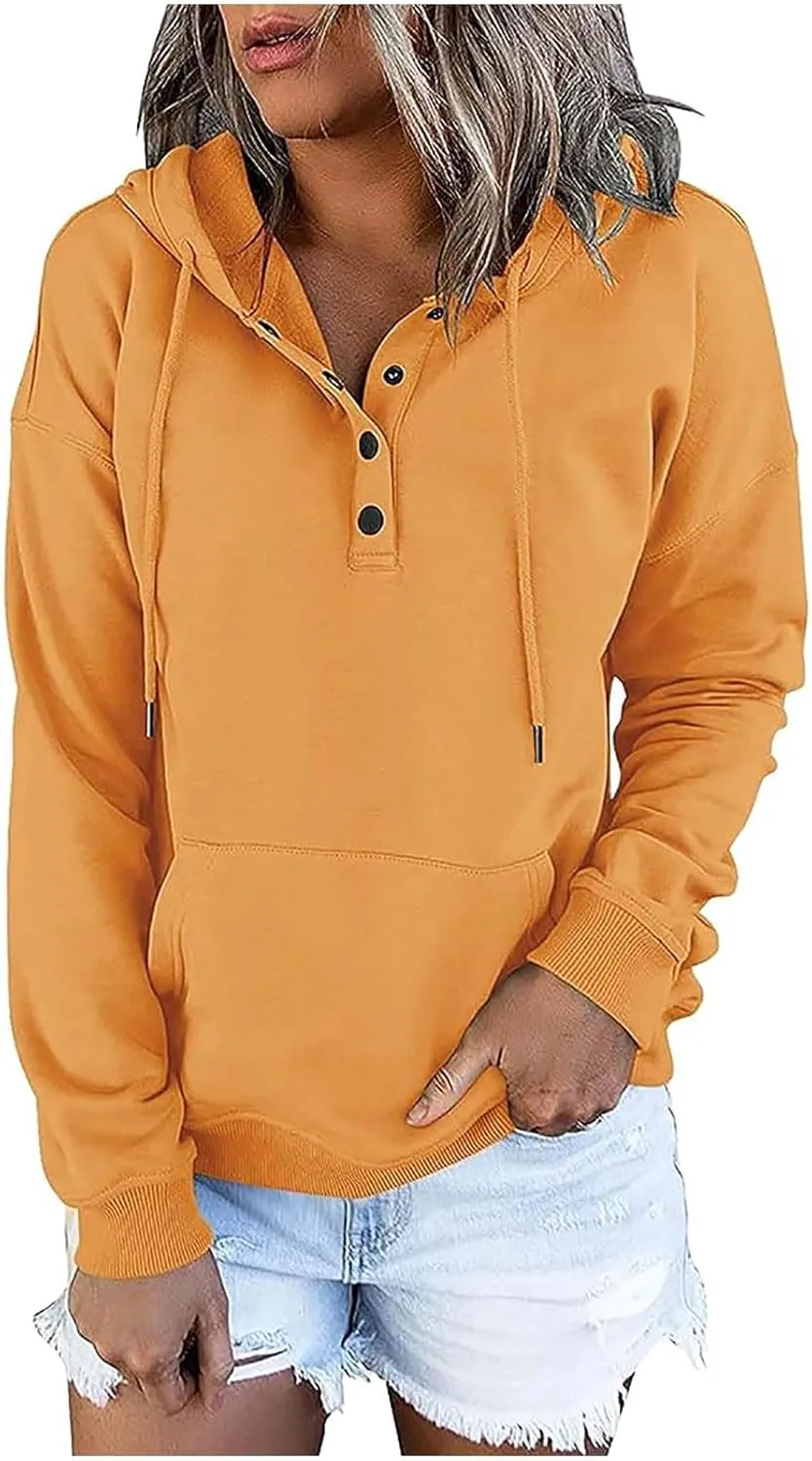 Stessotudo Womens Hoodies Casual Long Sleeve Solid Sweatshirts Buttons Drawstring Athletic Pullover Hooded Tops with Pocket