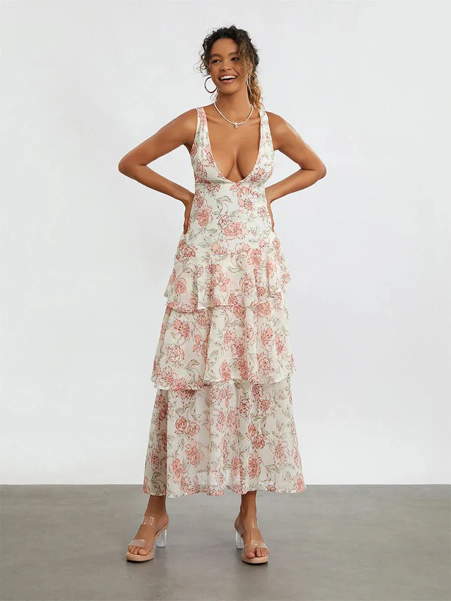 Summer Backless Pleated Long Halter Neck Tie Up Flowy Open Back Beach Resort Casual Women's Dress