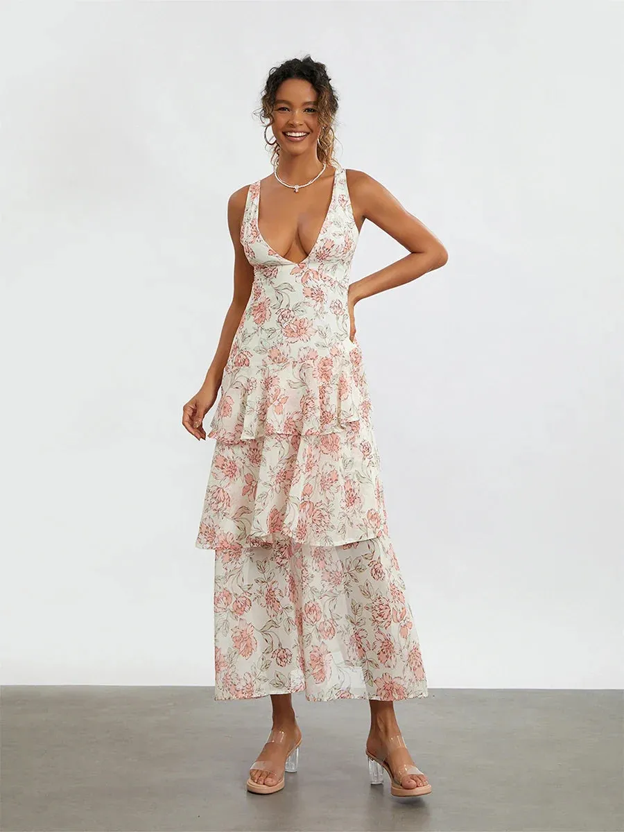 Summer Backless Pleated Long Halter Neck Tie Up Flowy Open Back Beach Resort Casual Women's Dress