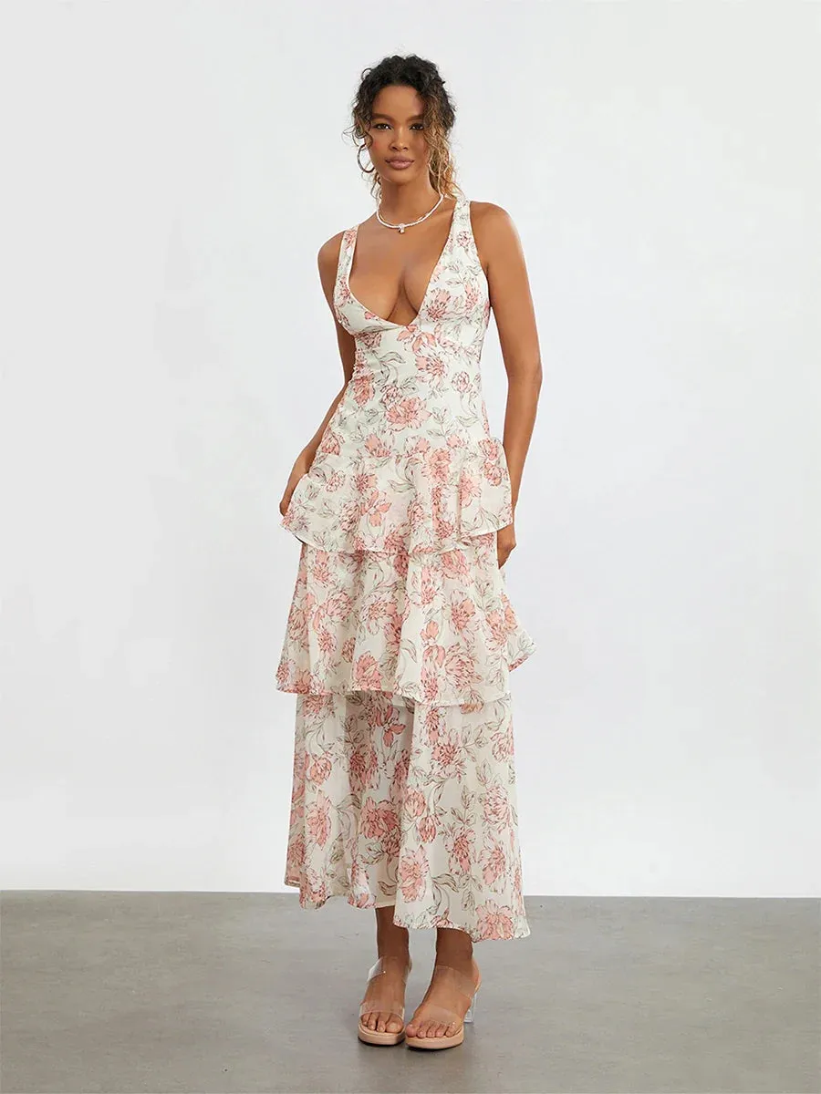 Summer Backless Pleated Long Halter Neck Tie Up Flowy Open Back Beach Resort Casual Women's Dress