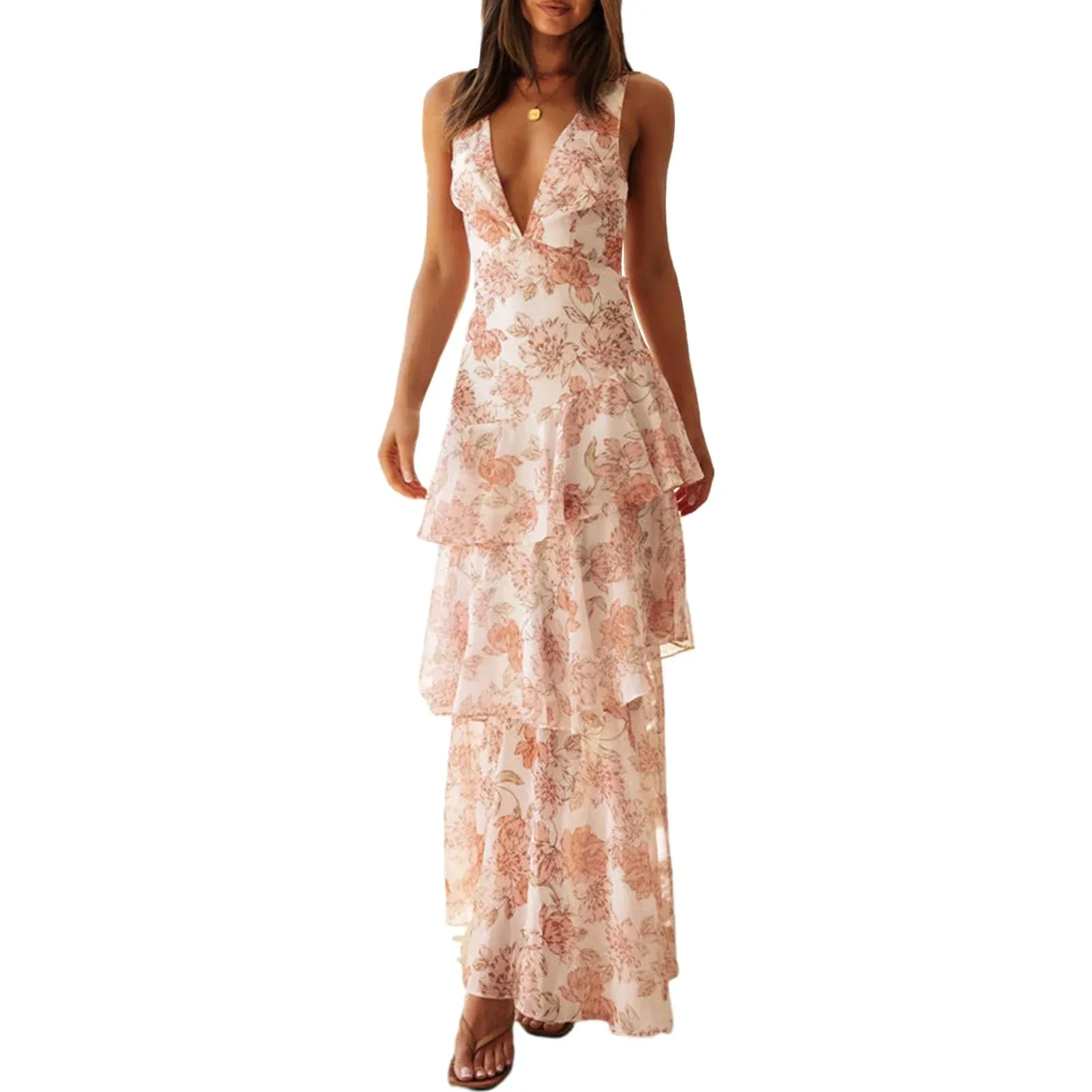Summer Backless Pleated Long Halter Neck Tie Up Flowy Open Back Beach Resort Casual Women's Dress