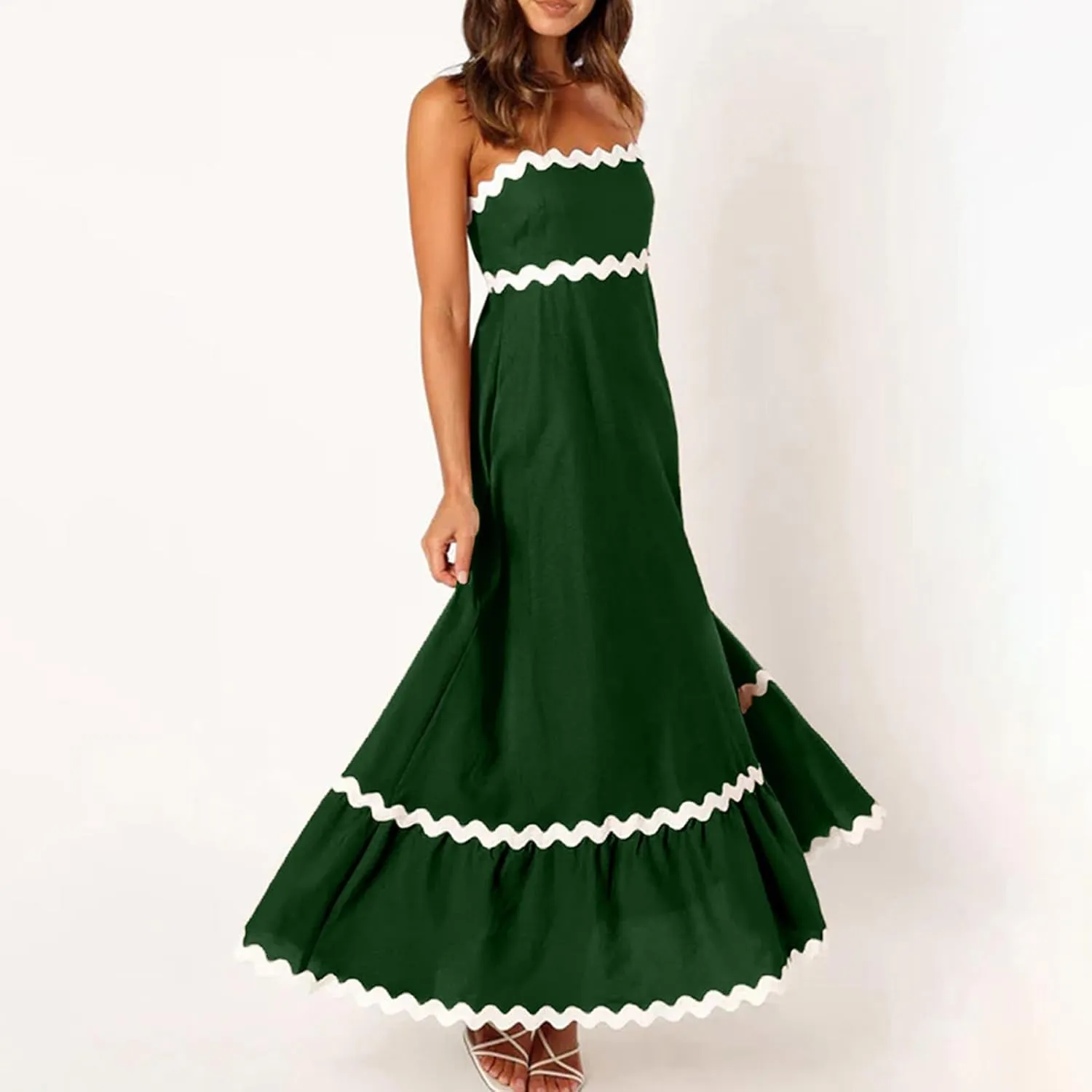 Summer Casual Boho Dresses for Women 2024 RIC Rac Spaghetti Strap Flowy Maxi Dress Berach Smocked Flowy Sundress