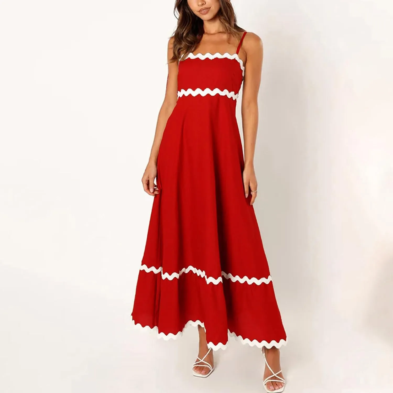 Summer Casual Boho Dresses for Women 2024 RIC Rac Spaghetti Strap Flowy Maxi Dress Berach Smocked Flowy Sundress