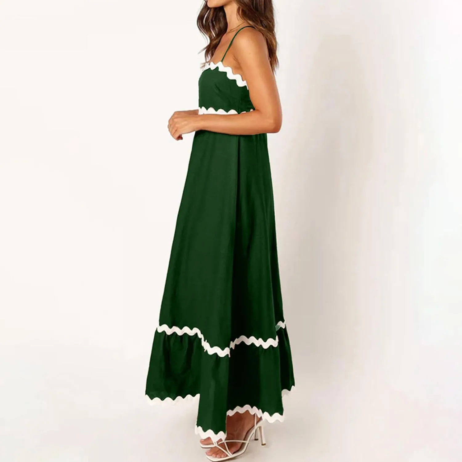 Summer Casual Boho Dresses for Women 2024 RIC Rac Spaghetti Strap Flowy Maxi Dress Berach Smocked Flowy Sundress