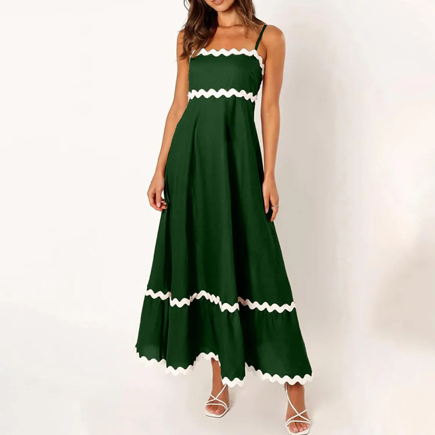 Summer Casual Boho Dresses for Women 2024 RIC Rac Spaghetti Strap Flowy Maxi Dress Berach Smocked Flowy Sundress
