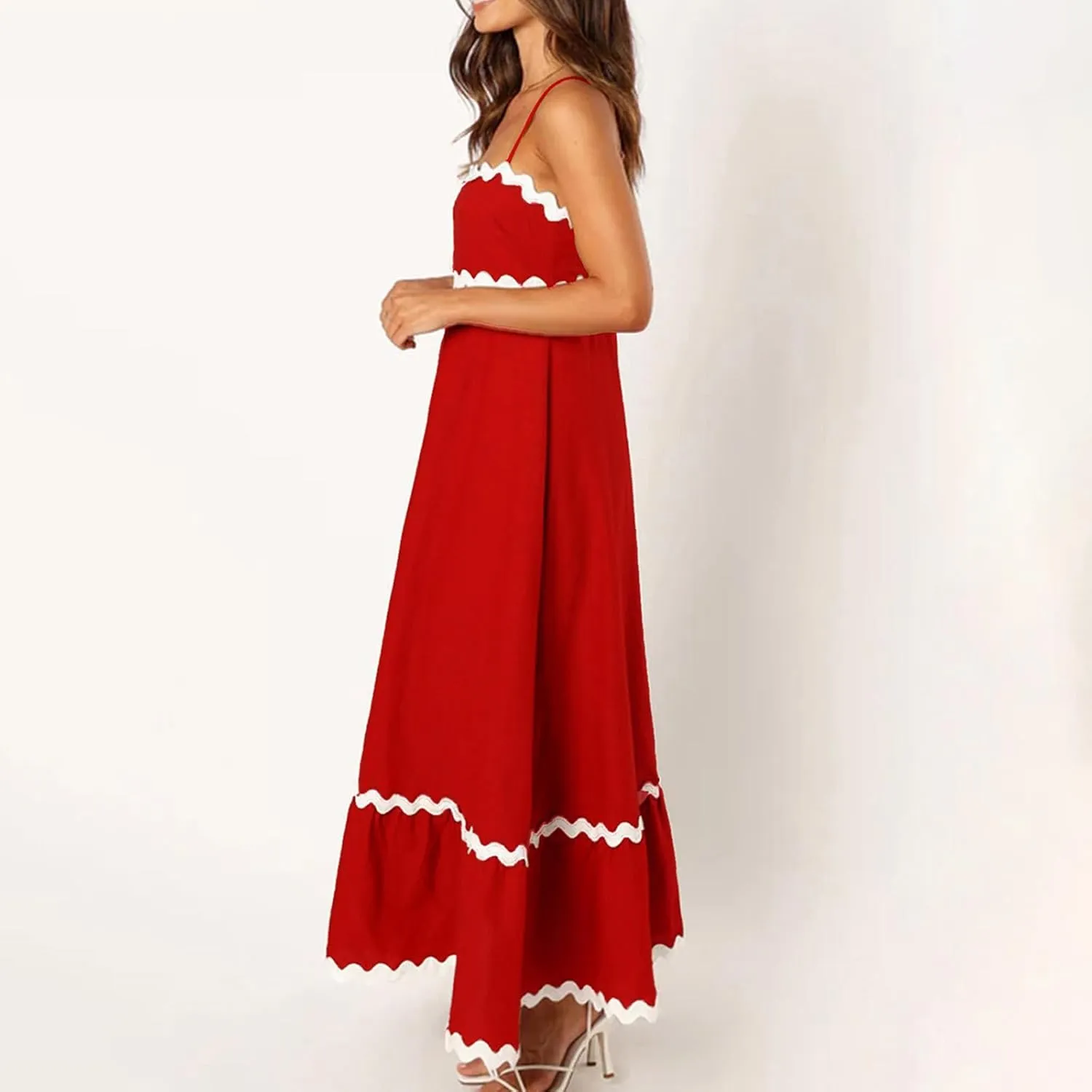 Summer Casual Boho Dresses for Women 2024 RIC Rac Spaghetti Strap Flowy Maxi Dress Berach Smocked Flowy Sundress