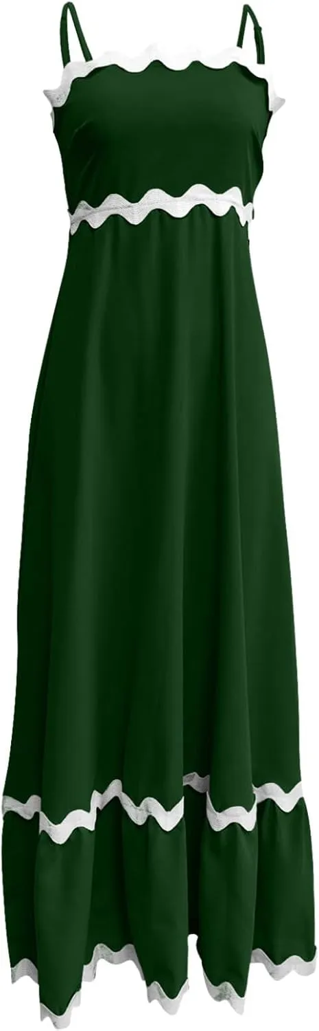 Summer Casual Boho Dresses for Women 2024 RIC Rac Spaghetti Strap Flowy Maxi Dress Berach Smocked Flowy Sundress