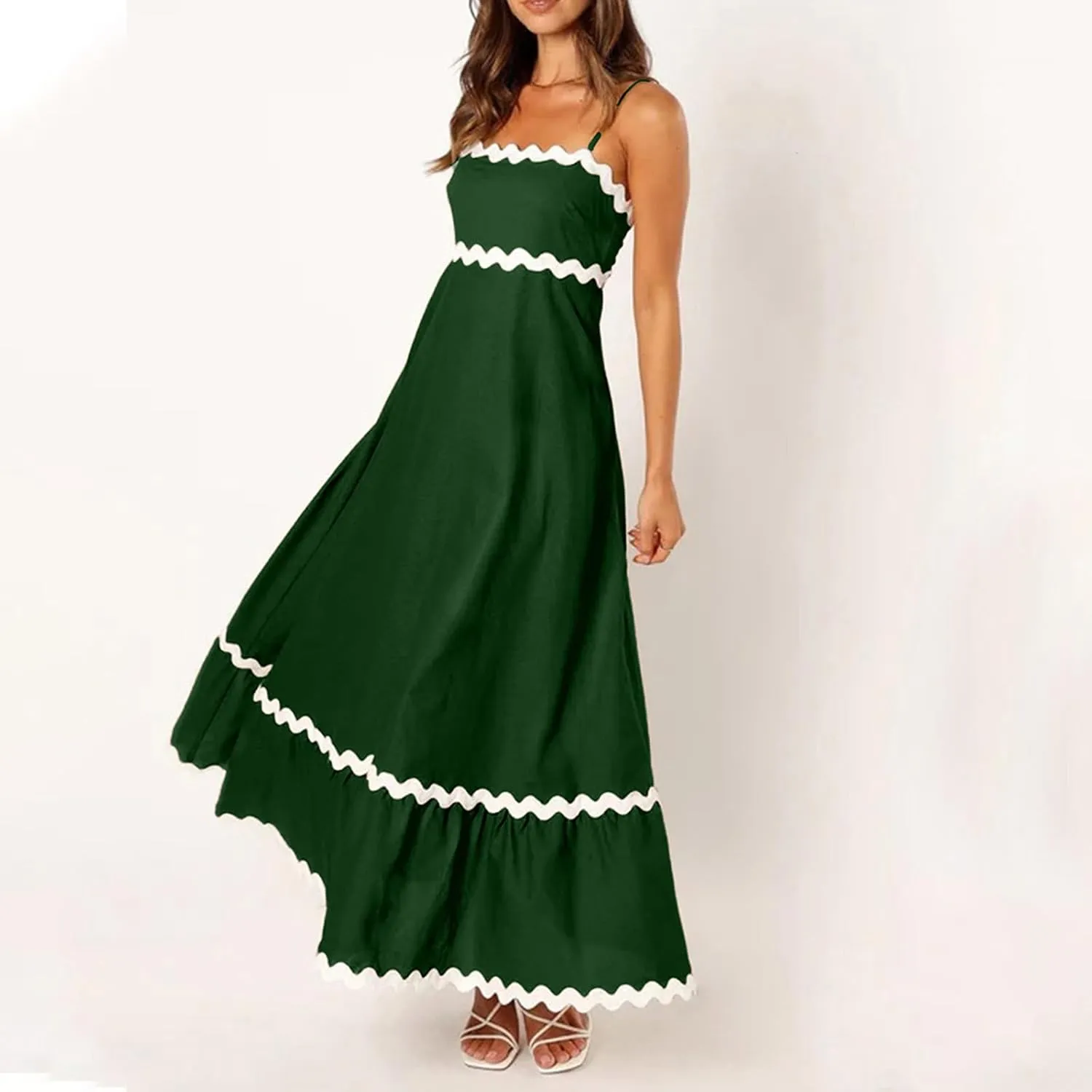 Summer Casual Boho Dresses for Women 2024 RIC Rac Spaghetti Strap Flowy Maxi Dress Berach Smocked Flowy Sundress