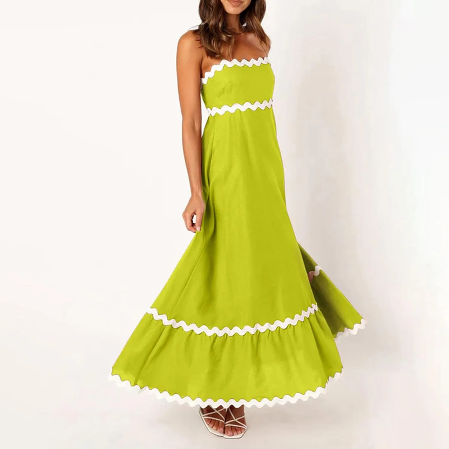 Summer Casual Boho Dresses for Women 2024 RIC Rac Spaghetti Strap Flowy Maxi Dress Berach Smocked Flowy Sundress