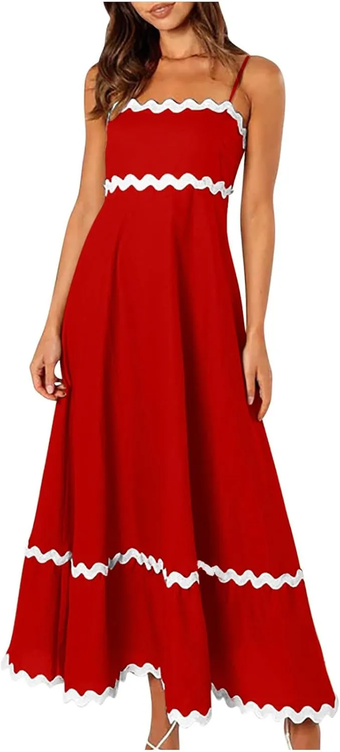 Summer Casual Boho Dresses for Women 2024 RIC Rac Spaghetti Strap Flowy Maxi Dress Berach Smocked Flowy Sundress