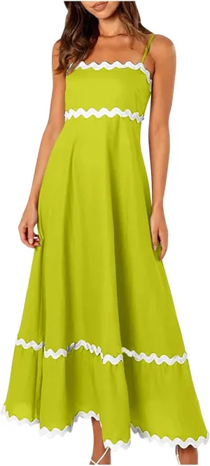 Summer Casual Boho Dresses for Women 2024 RIC Rac Spaghetti Strap Flowy Maxi Dress Berach Smocked Flowy Sundress