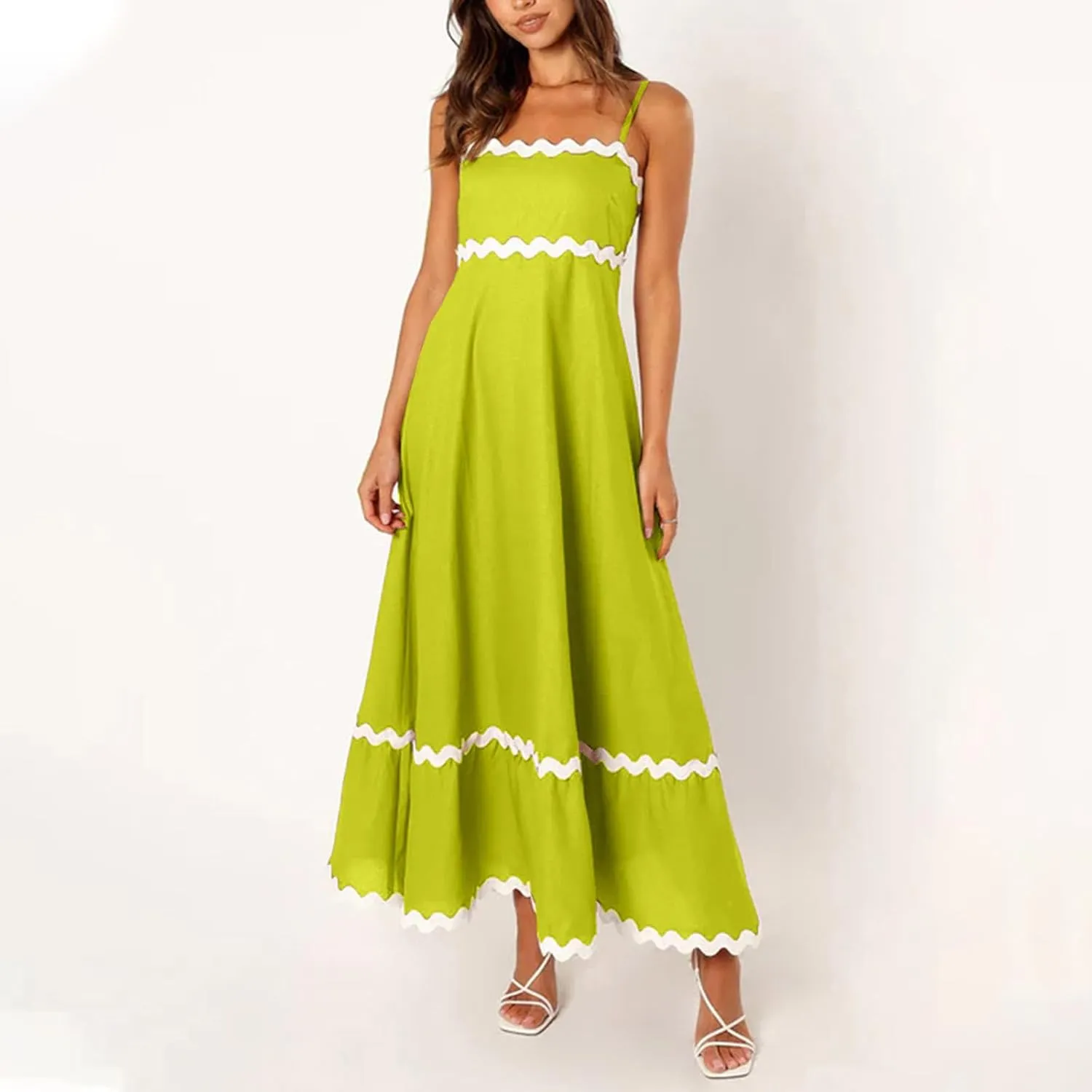 Summer Casual Boho Dresses for Women 2024 RIC Rac Spaghetti Strap Flowy Maxi Dress Berach Smocked Flowy Sundress