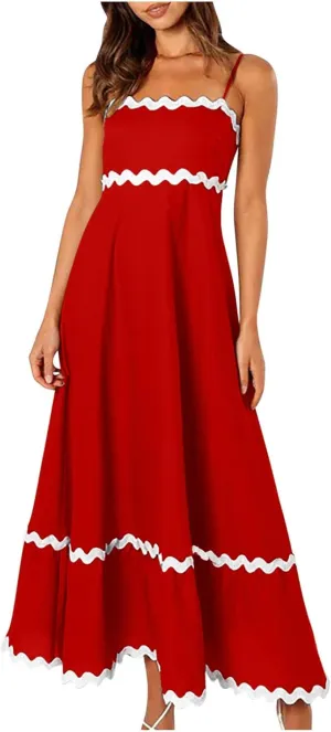 Summer Casual Boho Dresses for Women 2024 RIC Rac Spaghetti Strap Flowy Maxi Dress Berach Smocked Flowy Sundress