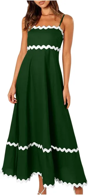 Summer Casual Boho Dresses for Women 2024 RIC Rac Spaghetti Strap Flowy Maxi Dress Berach Smocked Flowy Sundress