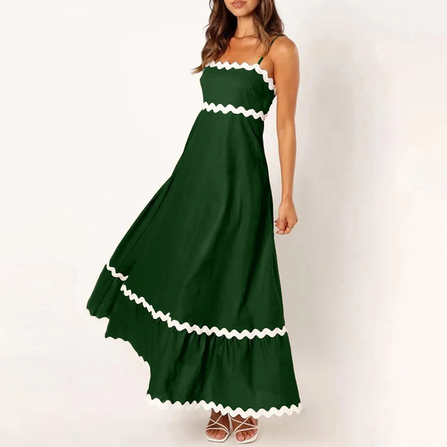 Summer Casual Boho Dresses for Women 2024 RIC Rac Spaghetti Strap Flowy Maxi Dress Berach Smocked Flowy Sundress