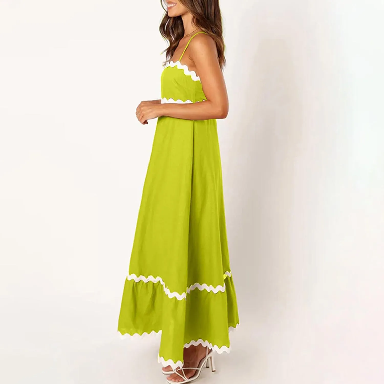 Summer Casual Boho Dresses for Women 2024 RIC Rac Spaghetti Strap Flowy Maxi Dress Berach Smocked Flowy Sundress