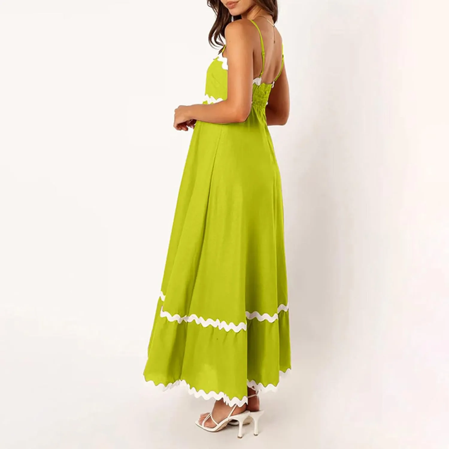 Summer Casual Boho Dresses for Women 2024 RIC Rac Spaghetti Strap Flowy Maxi Dress Berach Smocked Flowy Sundress