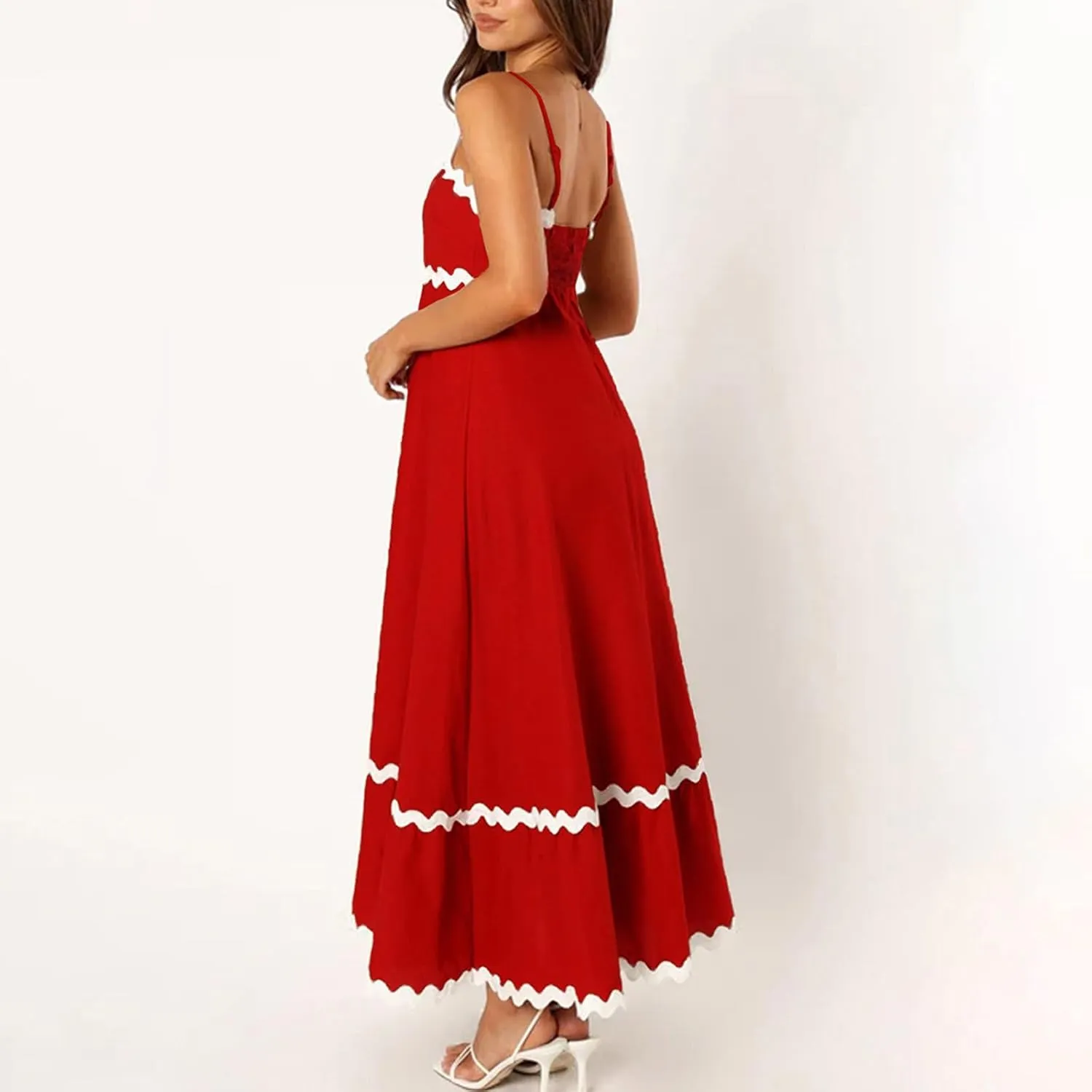 Summer Casual Boho Dresses for Women 2024 RIC Rac Spaghetti Strap Flowy Maxi Dress Berach Smocked Flowy Sundress