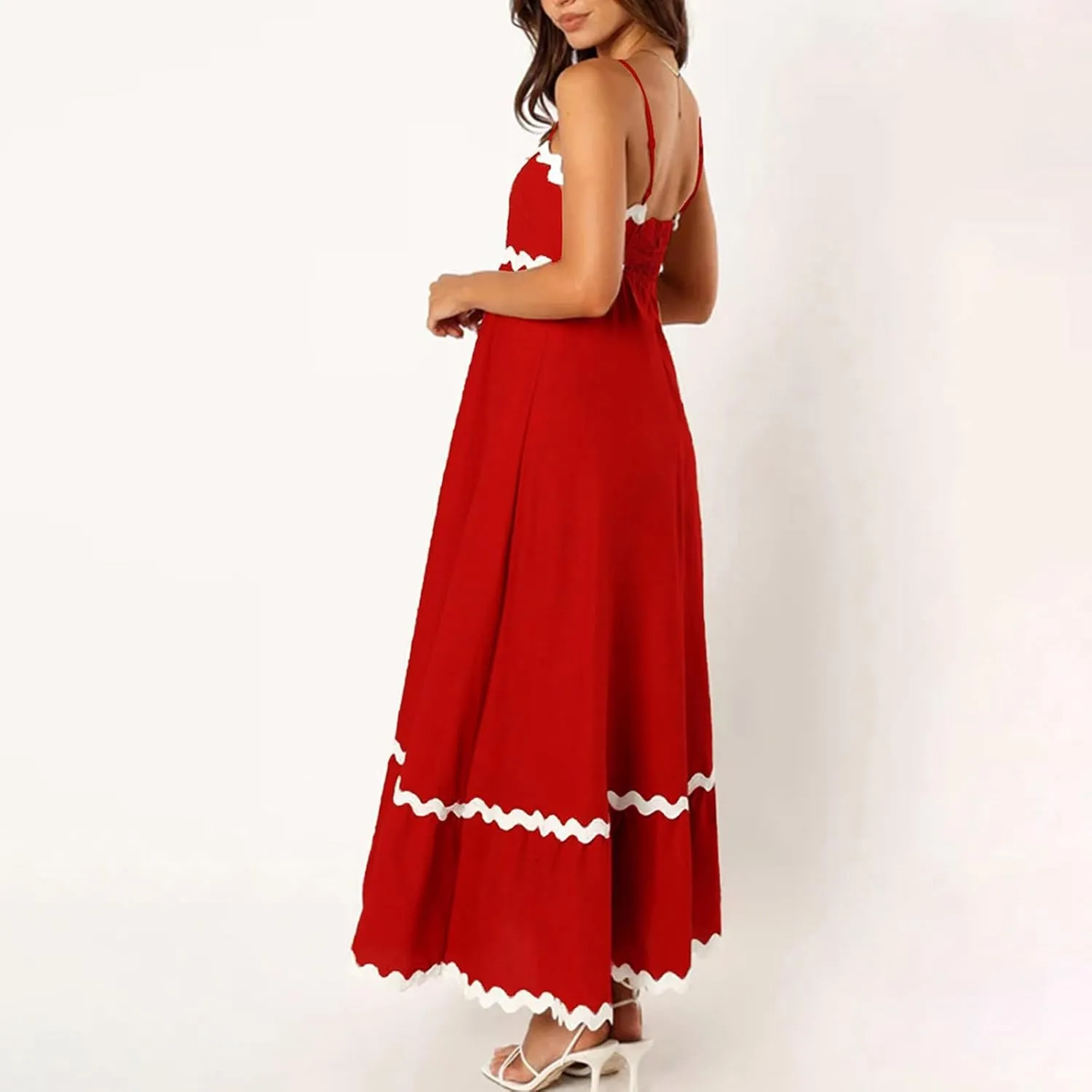 Summer Casual Boho Dresses for Women 2024 RIC Rac Spaghetti Strap Flowy Maxi Dress Berach Smocked Flowy Sundress
