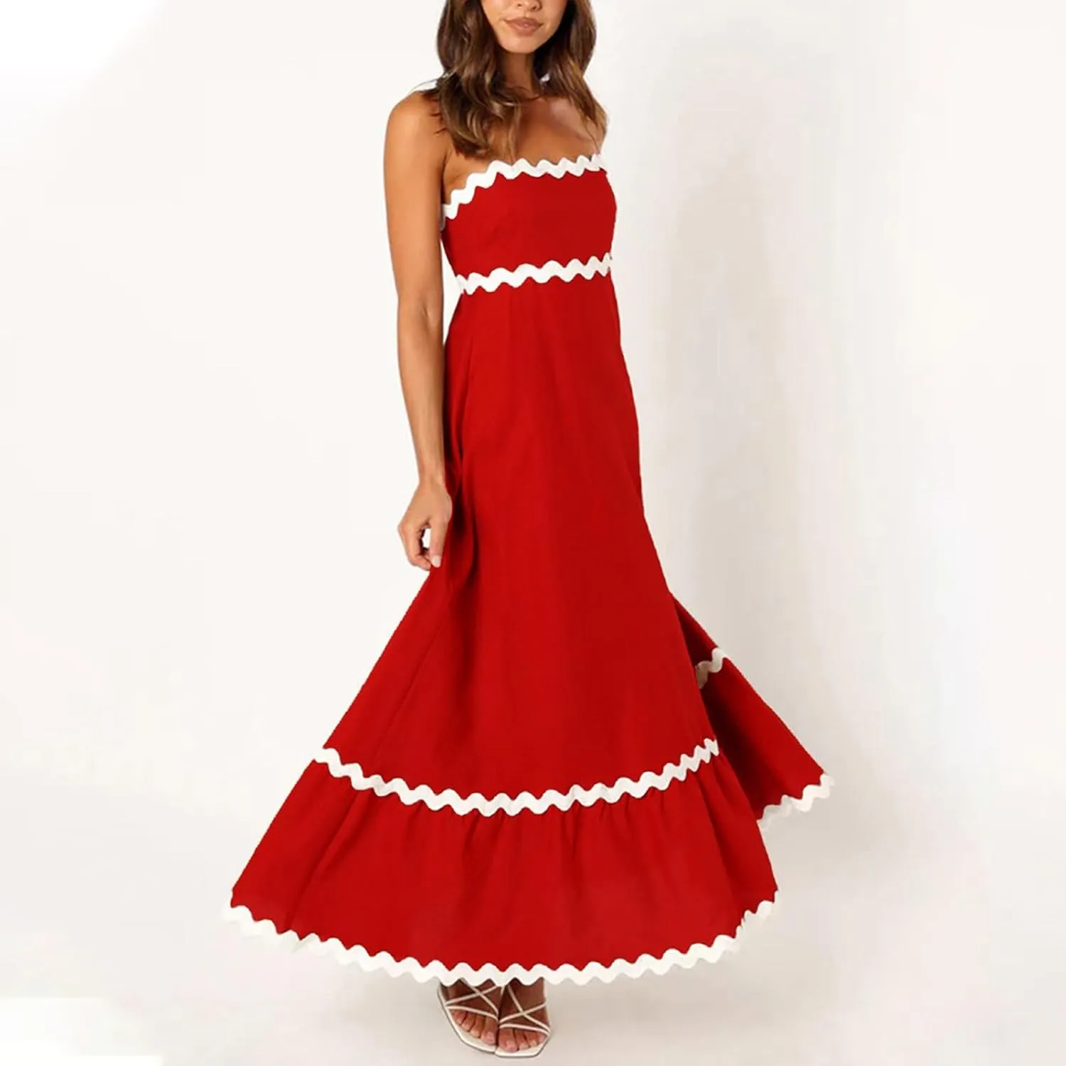Summer Casual Boho Dresses for Women 2024 RIC Rac Spaghetti Strap Flowy Maxi Dress Berach Smocked Flowy Sundress