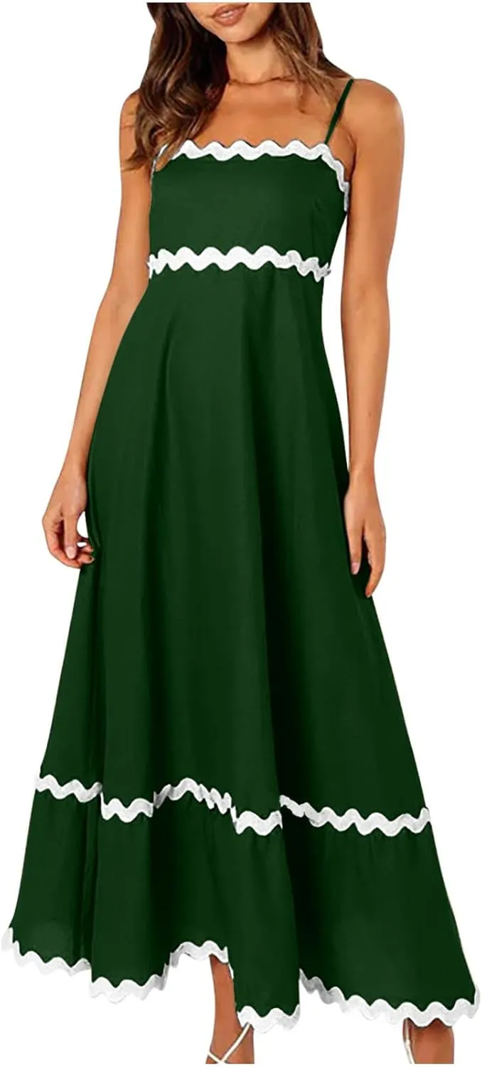 Summer Casual Boho Dresses for Women 2024 RIC Rac Spaghetti Strap Flowy Maxi Dress Berach Smocked Flowy Sundress