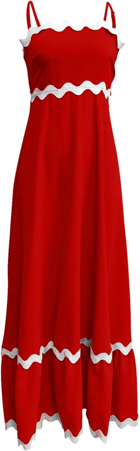 Summer Casual Boho Dresses for Women 2024 RIC Rac Spaghetti Strap Flowy Maxi Dress Berach Smocked Flowy Sundress
