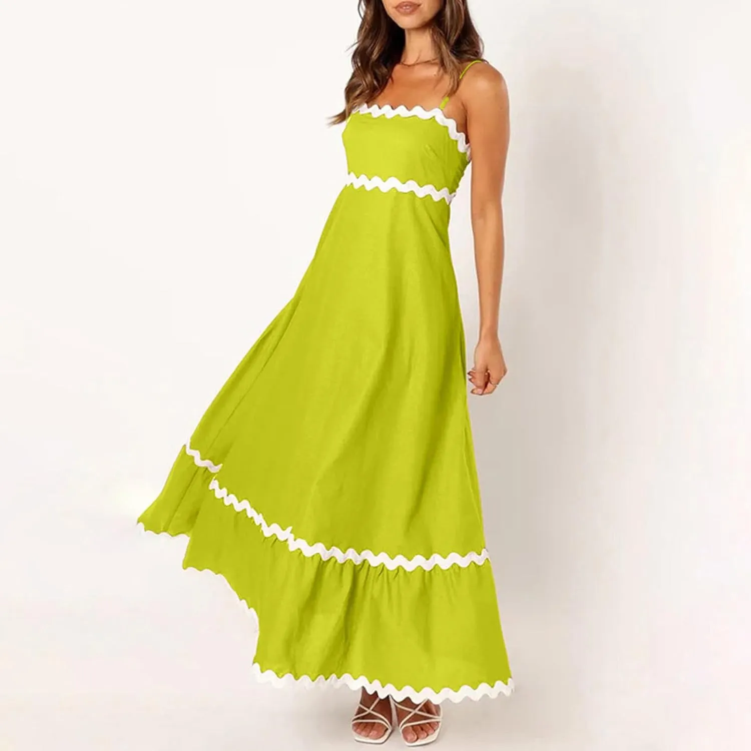 Summer Casual Boho Dresses for Women 2024 RIC Rac Spaghetti Strap Flowy Maxi Dress Berach Smocked Flowy Sundress