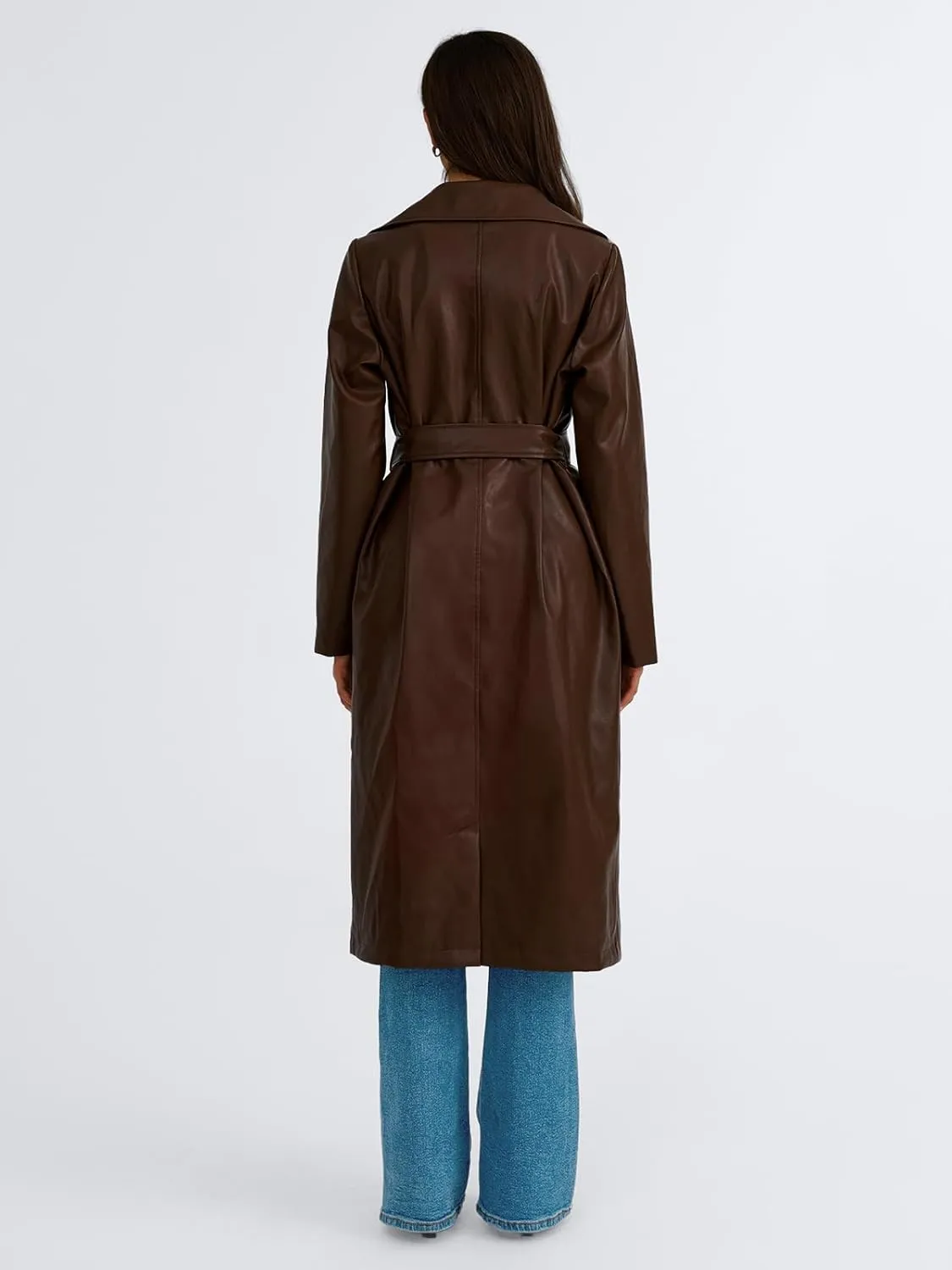 Trendy Queen Womens Long Leather Jackets Trench Coat Blazer Lapel Faux Open Front with Belt