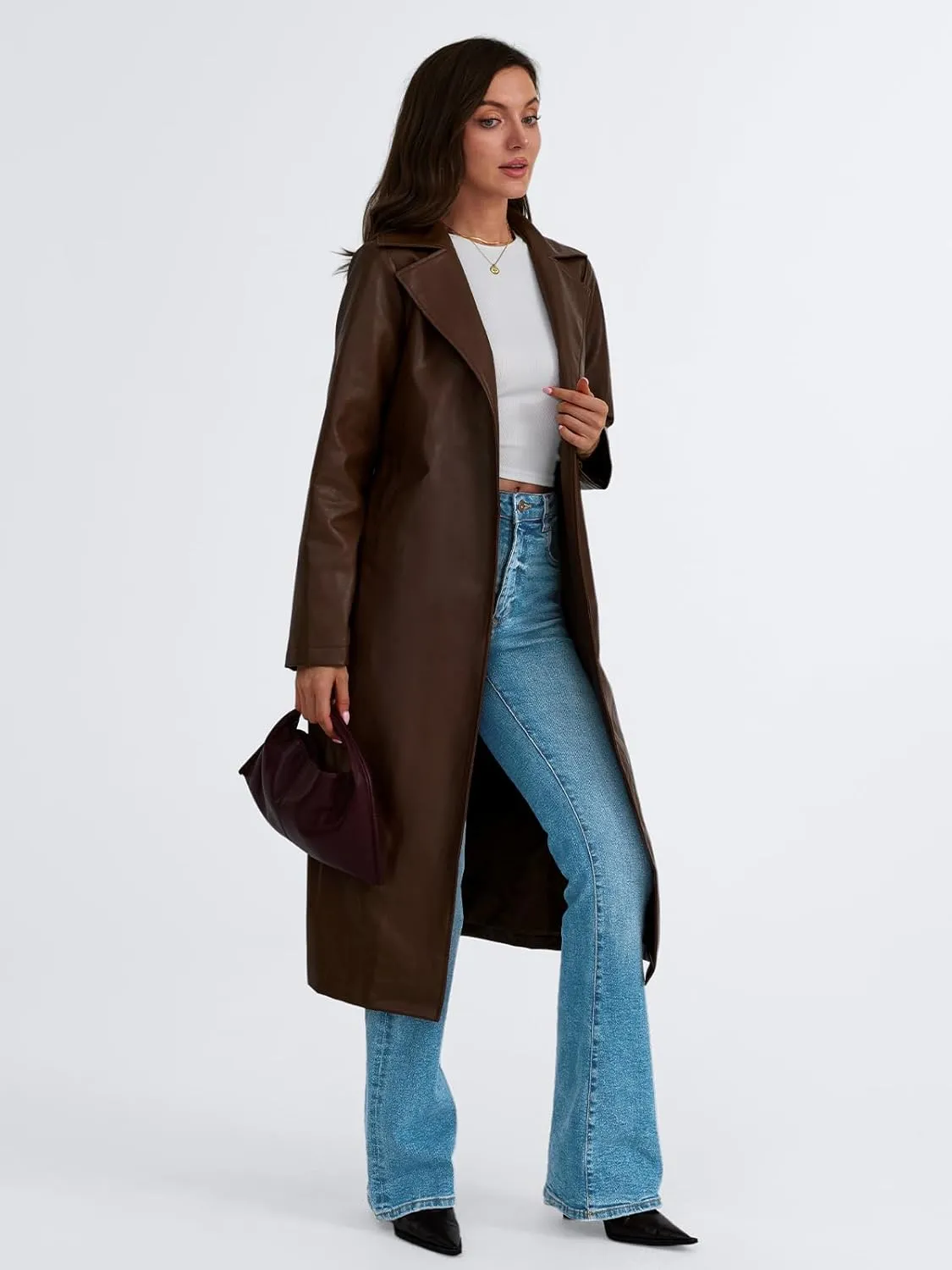 Trendy Queen Womens Long Leather Jackets Trench Coat Blazer Lapel Faux Open Front with Belt