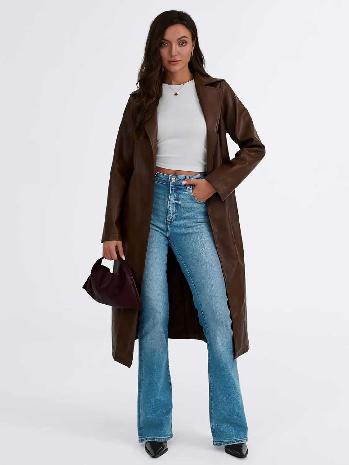 Trendy Queen Womens Long Leather Jackets Trench Coat Blazer Lapel Faux Open Front with Belt