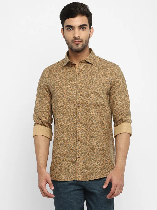 Turtle Men Cotton Blend Khaki Slim Fit Printed Shirts
