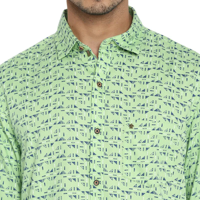 Turtle Men Cotton Light Green Slim Fit Printed Shirts