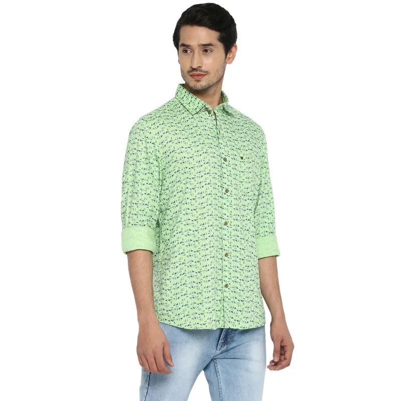 Turtle Men Cotton Light Green Slim Fit Printed Shirts