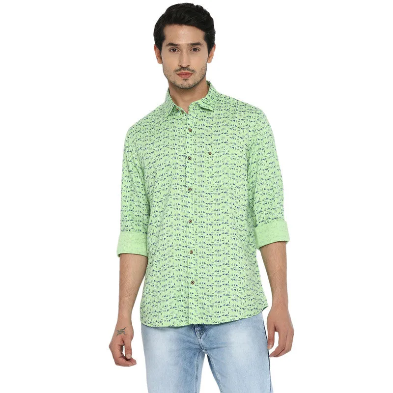 Turtle Men Cotton Light Green Slim Fit Printed Shirts