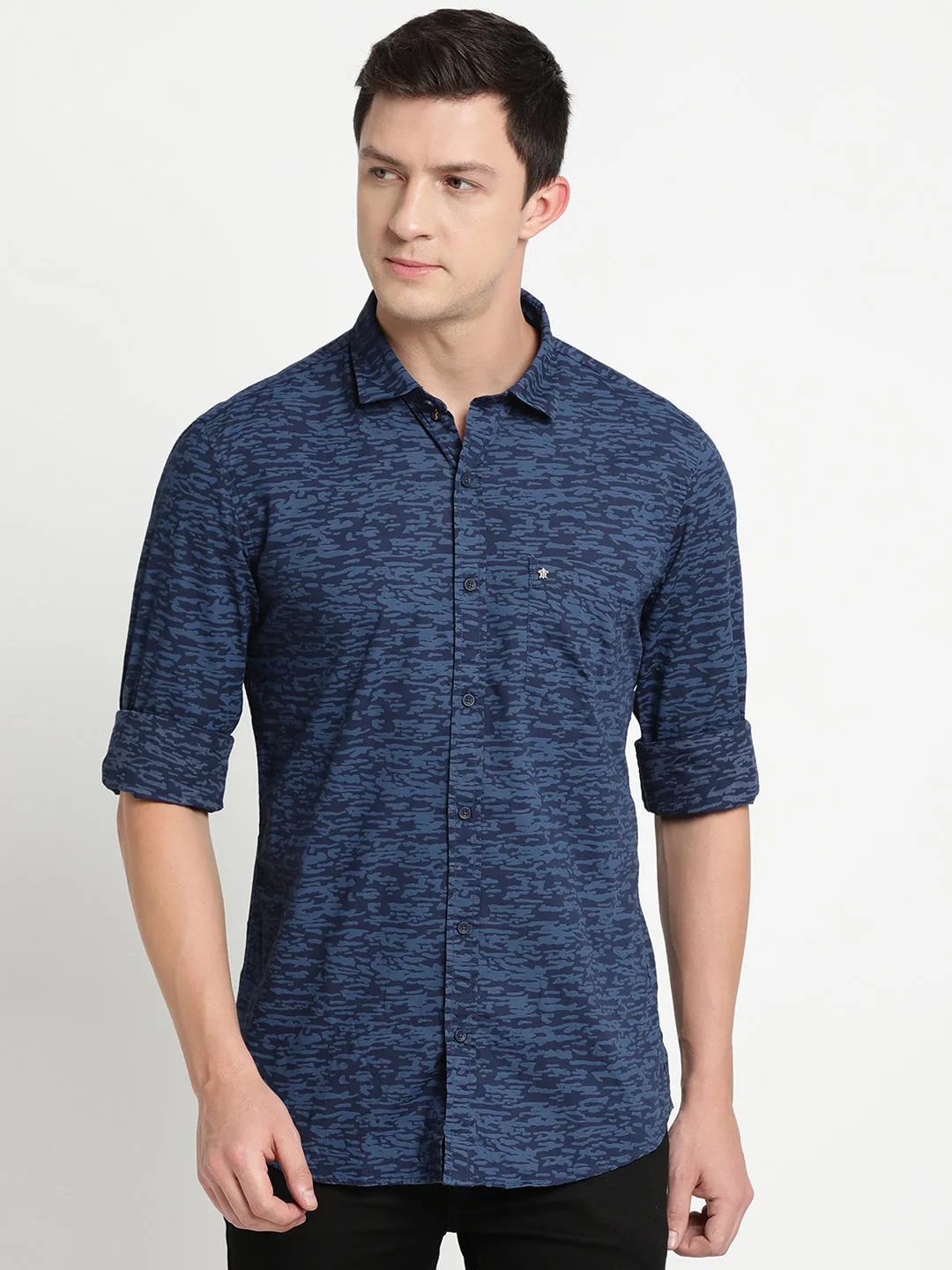 Turtle Men Navy Blue Cotton Printed Slim Fit Casual Shirts