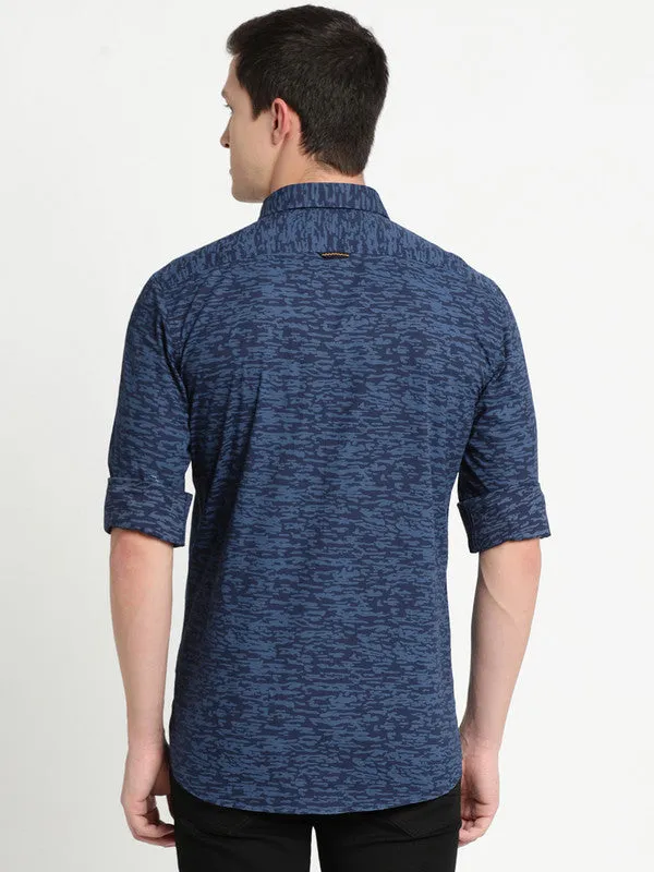 Turtle Men Navy Blue Cotton Printed Slim Fit Casual Shirts
